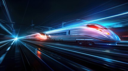 Captivating image of a sleek, modern train in motion, its lights streaking along the illuminated railway tracks at night