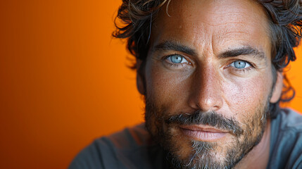 Professional studio photo portrait of a attractive handsome man, beautiful guy with beard, a person, with a pronounced emotional expression, widescreen 16:9