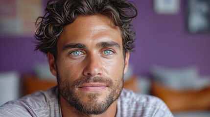 Fototapeta premium Professional studio photo portrait of a attractive handsome man, beautiful guy with beard, a person, with a pronounced emotional expression, widescreen 16:9