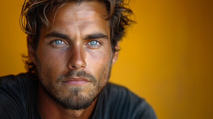 Fototapeta premium Professional studio photo portrait of a attractive handsome man, beautiful guy with beard, a person, with a pronounced emotional expression, widescreen 16:9