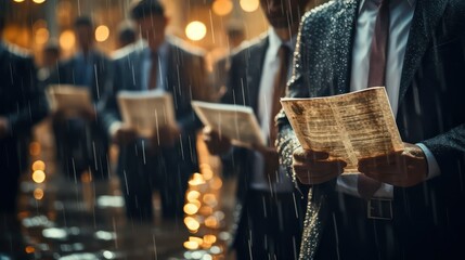 Business people reading a bible in a church during a rainy day.