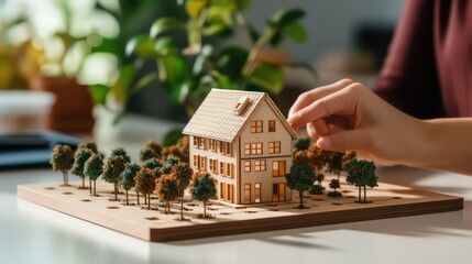 Close-up of female hands holding miniature model of house on wooden table