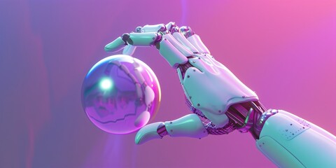 a robot hand is touching a ball against a gradient background