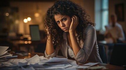 Stressed businesswoman sitting at her desk in the office. She is holding her head.