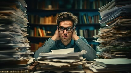 Stressed businessman sitting at the desk in the office and overloaded with paperwork