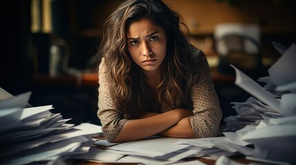 Tired and exhausted young businesswoman sitting at her desk with piles of papers in office