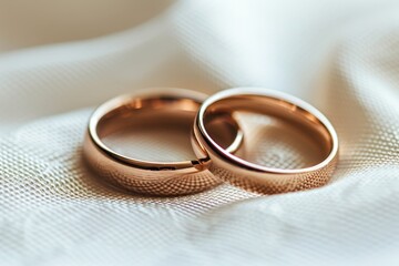 Macro shot of exquisite pair of gold wedding rings displayed on a clean white background