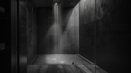 realistic portrait Luxurious dark bathroom with shower