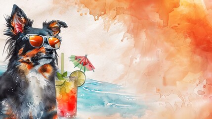 Stylish Dog in sunglasses, enjoying tropical cocktail on sunny beach. Puppy with soft drink. Banner. Copy space. Concept of summer vibes, refreshing drinks, vacation, leisure. Watercolor art
