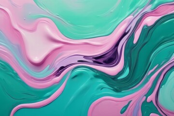 Banner with Liquid acrylic fluid abstract background. Green, purple, pink and turquoise backdrop abstract mixing painting. Art with flows and splashes for interior poster, banner