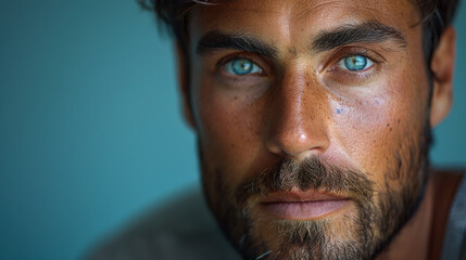 Obraz premium Professional studio photo portrait of a attractive handsome man, beautiful guy with beard, a person, with a pronounced emotional expression, widescreen 16:9