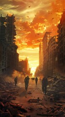 Post-apocalyptic cityscape at sunset 