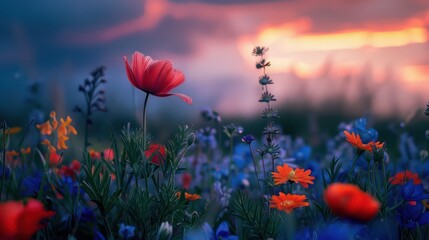 Vivid field of wildflowers with a sharp red poppy in focus against a dramatic sunset sky