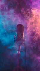 Studio microphone with shock mount and pop filter amidst colorful smoke, vertical orientation. Designed for podcasting and music production banners and posters