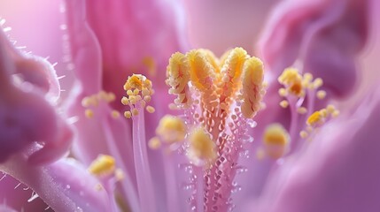 Delicate pink flower stigmas with pollen grains and small water droplets visible in an extreme close-up
