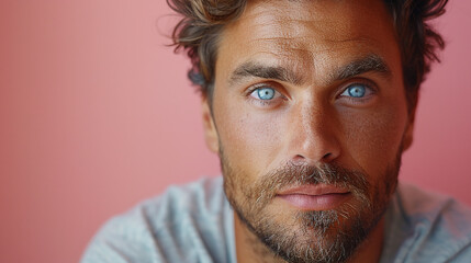 Fototapeta premium Professional studio photo portrait of a attractive handsome man, beautiful guy with beard, a person, with a pronounced emotional expression, widescreen 16:9
