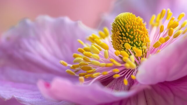 This image magnificently shows the intricate details of the center of a pink blossom, highlighting the stamen and pollen