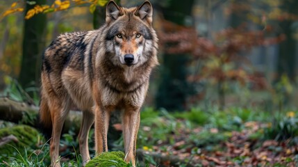 Obraz premium A stunning portrait of a wolf with a piercing gaze standing in the colorful ambiance of an autumn forest