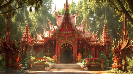 Fototapeta premium Thai Buddhist temple with ornate golden decorations in a lush garden. Concept of Thai culture, religious architecture, and monastic life
