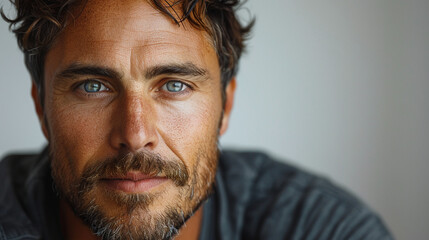 Fototapeta premium Professional studio photo portrait of a attractive handsome man, beautiful guy with beard, a person, with a pronounced emotional expression, widescreen 16:9