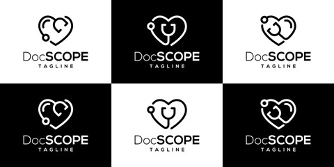 Vector design template of stethoscope combined with love logo.
Treatment, doctor, medical, care, concerned. Icon symbols EPS 10