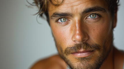 Fototapeta premium Professional studio photo portrait of a attractive handsome man, beautiful guy with beard, a person, with a pronounced emotional expression, widescreen 16:9