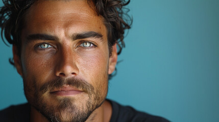 Obraz premium Professional studio photo portrait of a attractive handsome man, beautiful guy with beard, a person, with a pronounced emotional expression, widescreen 16:9