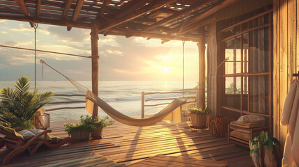 A charming beach house with a hammock swaying in the breeze, overlooking the ocean
