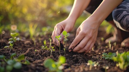 close up Farmer's hands planting garden plant seeds. AI generated