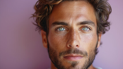 Obraz premium Professional studio photo portrait of a attractive handsome man, beautiful guy with beard, a person, with a pronounced emotional expression, widescreen 16:9