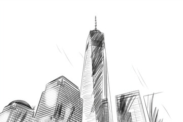 Black and white line drawing illustration of One World Trade Center in New York
