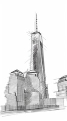 Black and white line drawing illustration of One World Trade Center in New York
