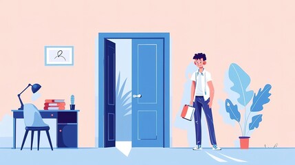 A young man stands in front of an open door. He is wearing a white shirt and blue pants. He has a briefcase in his hand. He is looking at the camera.