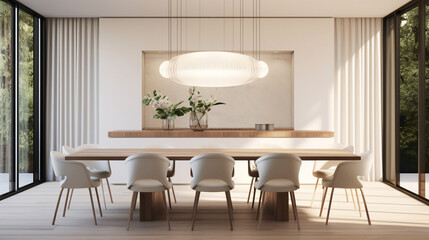 A contemporary dining area featuring a sleek white dining chr and table, accented with minimalist decor and illuminated by a modern pendant light fixture