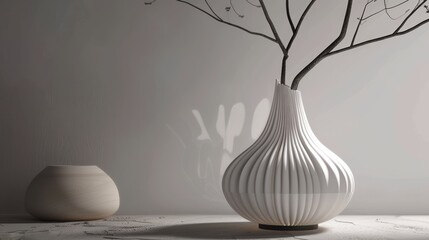 Artistic white vase with abstract tree design in a minimalist interior. Home decor and modern art concept