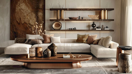 A contemporary living room with a touch of glamour, centered around a sleek wood floating shelf showcasing a curated collection of metallic accents and luxurious textiles, agnst a back