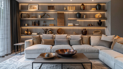 A contemporary living room with a touch of glamour, centered around a sleek wood floating shelf showcasing a curated collection of metallic accents and luxurious textiles, agnst a backdrop of mu