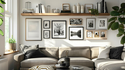 A contemporary living room featuring a wood floating shelf displaying framed black and white...