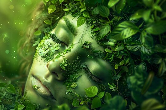 Fototapeta face and hair of woman made of green plants symbolized beauty in nature, concept of save our planet, environment day wallpaper