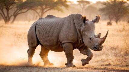 Fototapeta premium Rhino running in the savannah. Wild animal