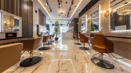 Spacious and modern hair salon featuring stylish chairs and elegant chandeliers, highlighting affluence and quality service