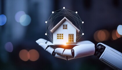 model of a house in the hands of a robot
