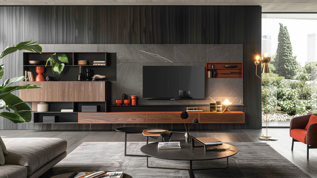 A contemporary living room with a meticulously organized wood floating shelf, harmonizing with the room's elegant aesthetic