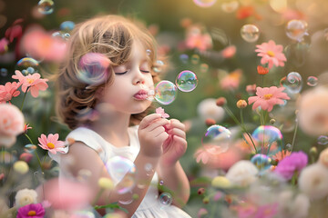 A child joyfully blowing bubbles amidst blooming flowers, capturing the innocence and delight of April play