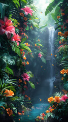 Tropical waterfall amid lush vegetation. Generative AI
