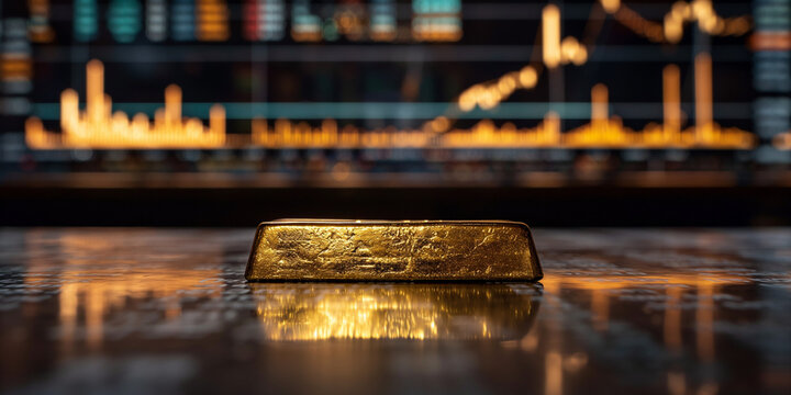 Goldbarren und B&ouml;rsen Indikatoren im Hintergund als Querformat f&uuml;r Banner
