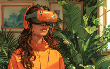 Woman exploring virtual reality world. Generative AI