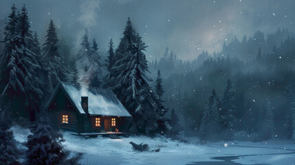 A cozy cabin nestled in a snowy forest, smoke gently rising from its chimney
