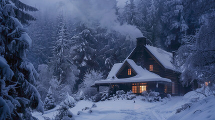 Fototapeta premium A cozy cabin nestled in a snowy forest, smoke gently rising from its chimney