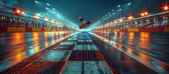 drag racing scene at night with racing lights reflecting on a wet track, creating a vibrant and dynamic atmosphere